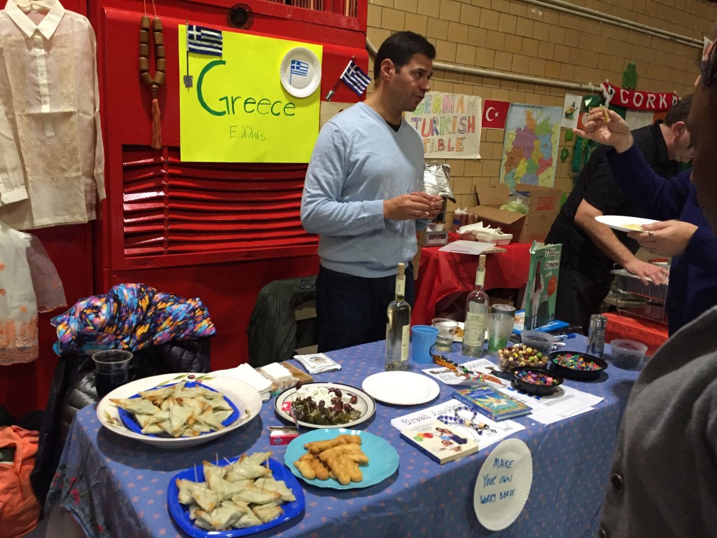 Spanakopita, greek wine, feta cheese and other goodies were at Greek table